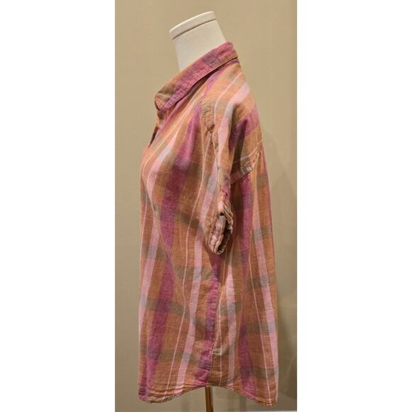 Beachlunchlounge Linen Blend Plaid Pink Orange Short Sleeve Button Down Large - Picture 3 of 8